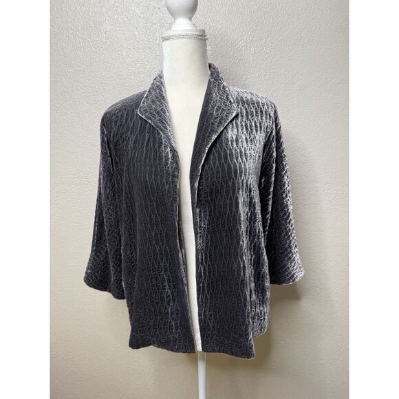 Eileen Fisher Velvet Jacket Petite M Gray Quilted Open Front Formal Silk Blend - Picture 3 of 10
